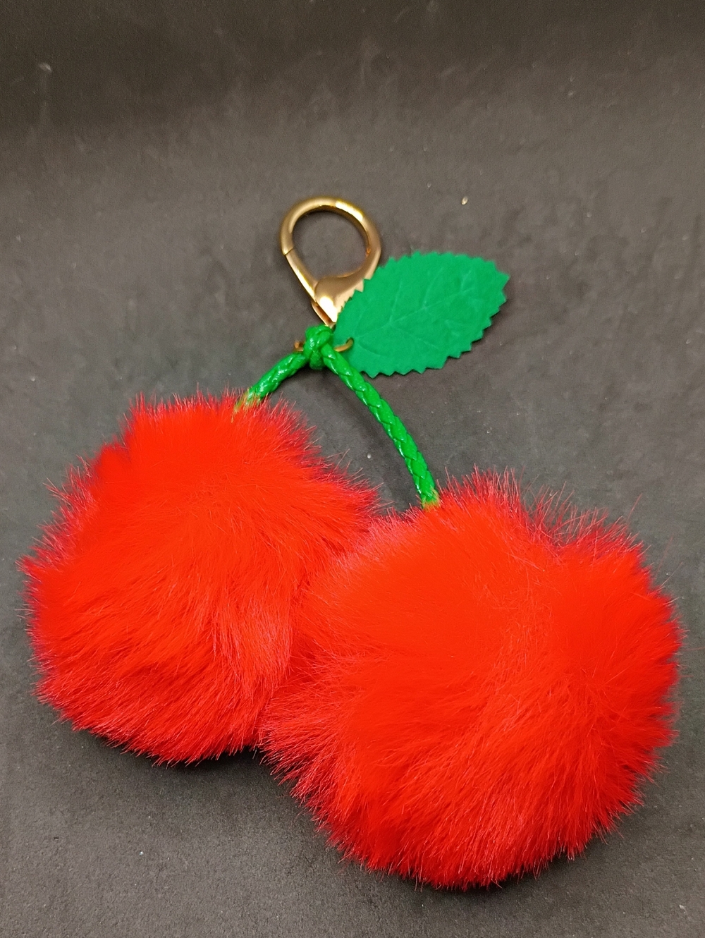Red Cherry Pom Pom Keychain with Green Leaf Accent